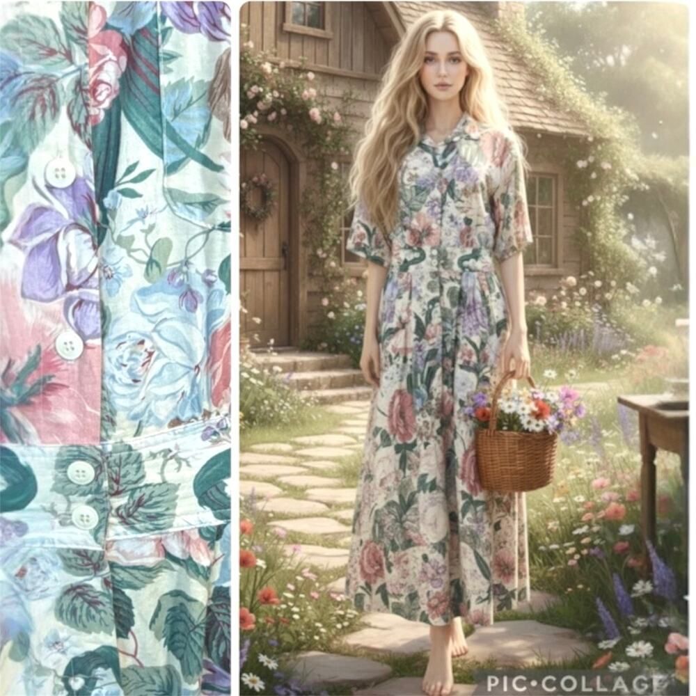 VTG 80s Carol Anderson Floral Button Down Cottagecore Midi Shirt Dress SZ M / L